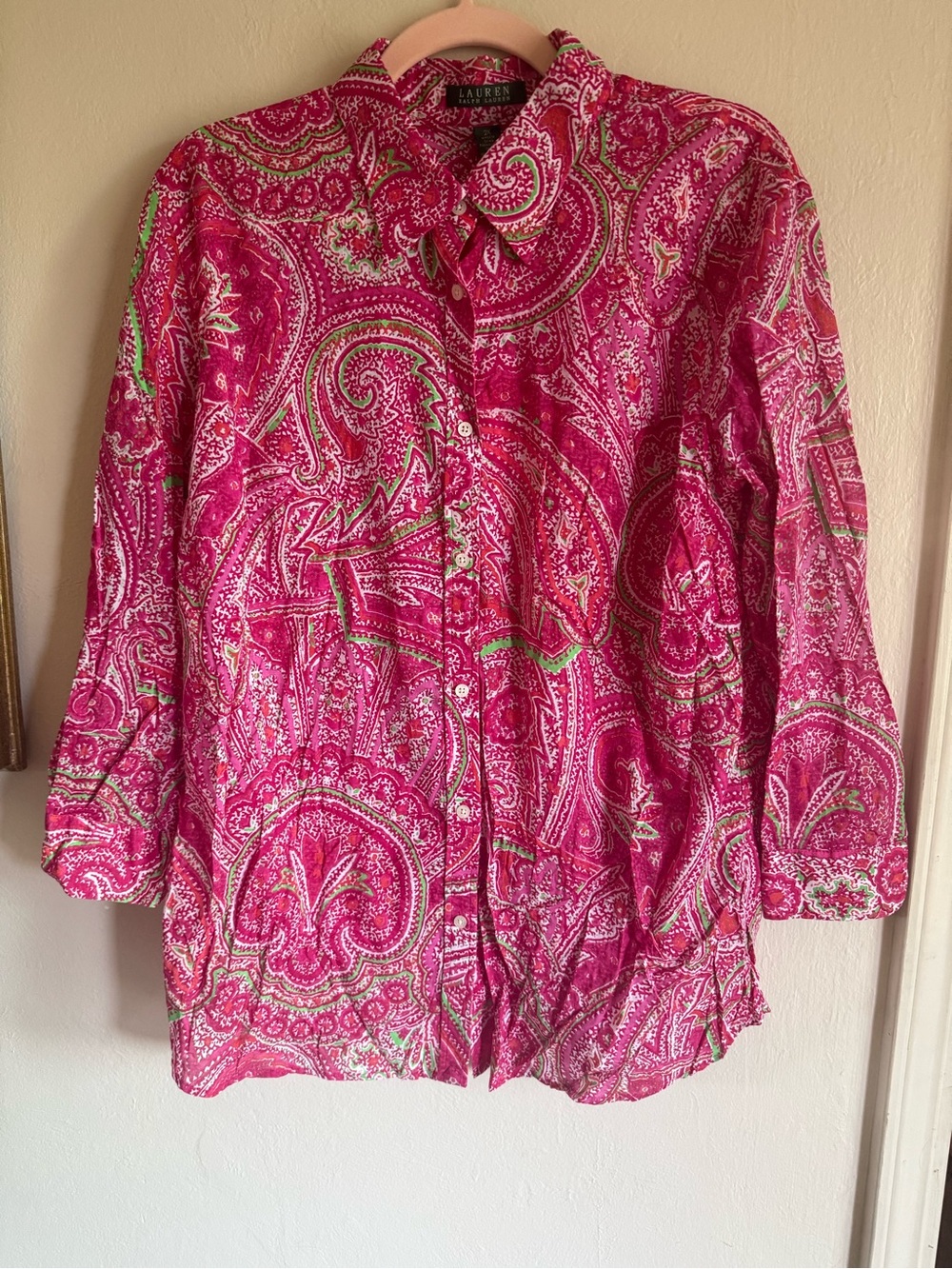 Lauren Ralph Lauren Pink Paisley Button Down Shirt Blouse 2X (Run’sSmall)